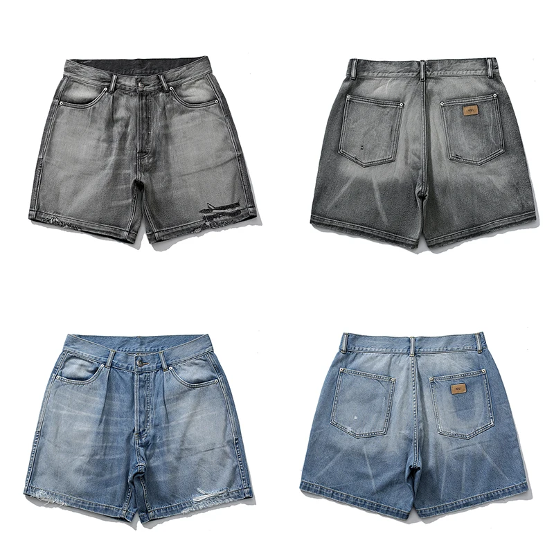 

MADNESS Fashion Versatile Summer Vintage Washed Ripped MDNS Men's Trendy Denim Shorts