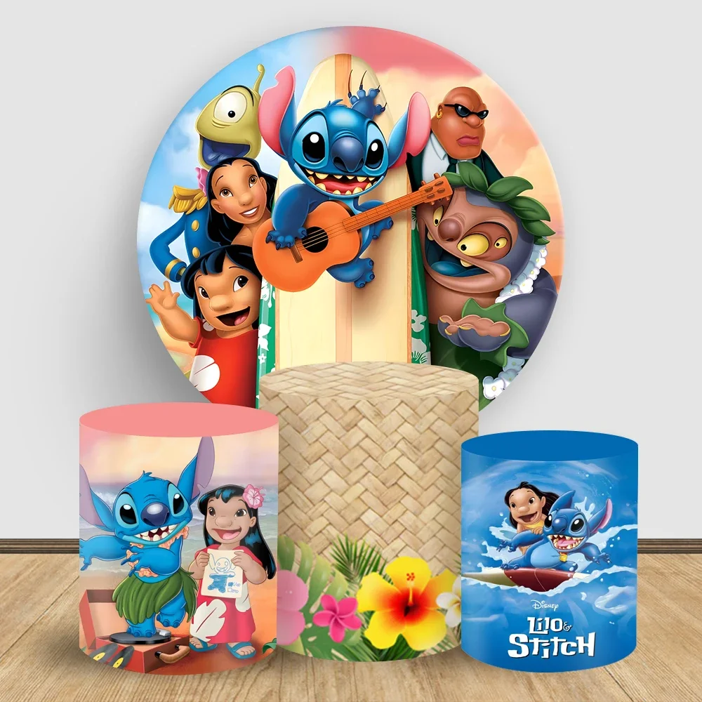 Lilo & Stitch Tropical Trees Hawaii Round Backdrop Cover Elastic Cylinder Cover Backdround Baby Shower Kids Birthday Party Decor