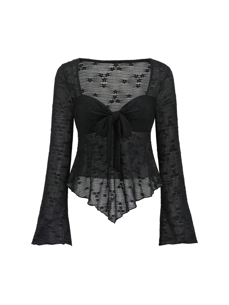 

2025 Spring and Summer New Women's Solid Color Long Sleeve Square Neck Rope Knot Top Lace Transparent Long Sleeve Sexy