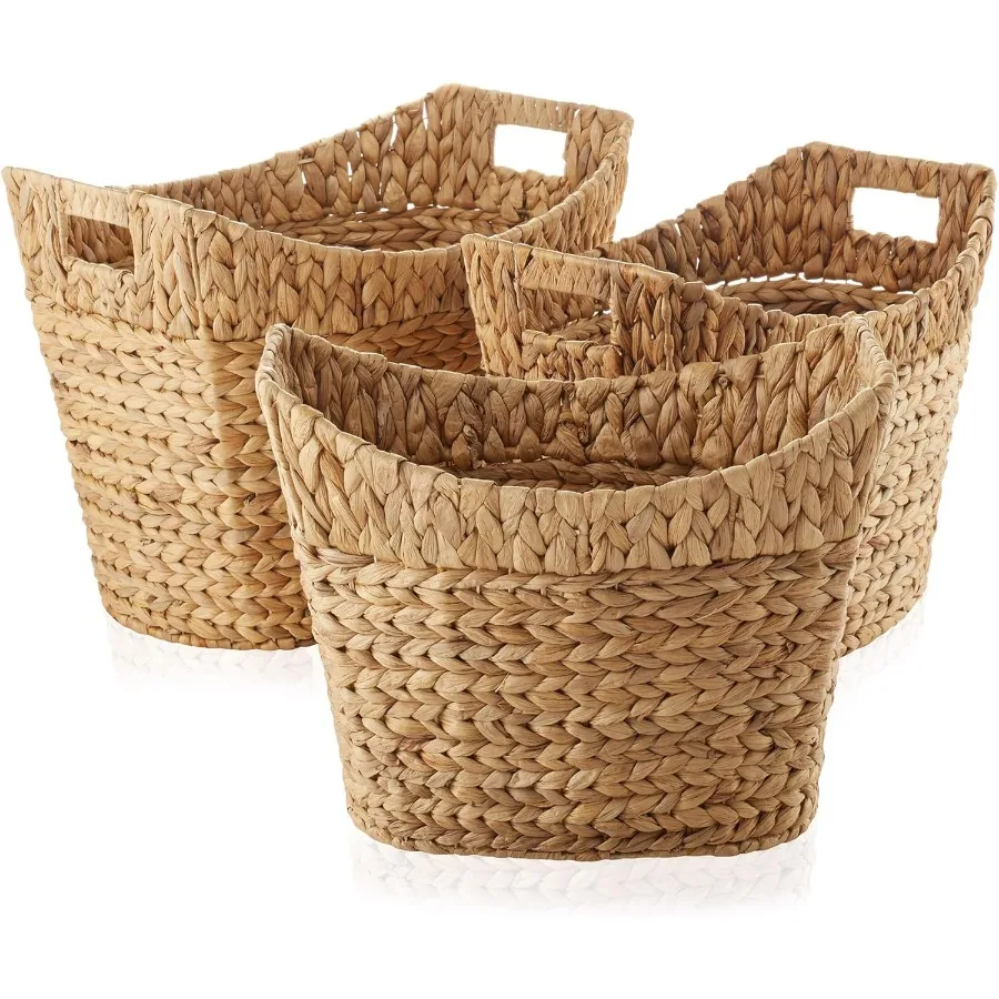

Set of 3 Stackable Oval Laundry Baskets with Handles Natural Woven Water Hyacinth Storage Totes for Organizing Throw Blankets I