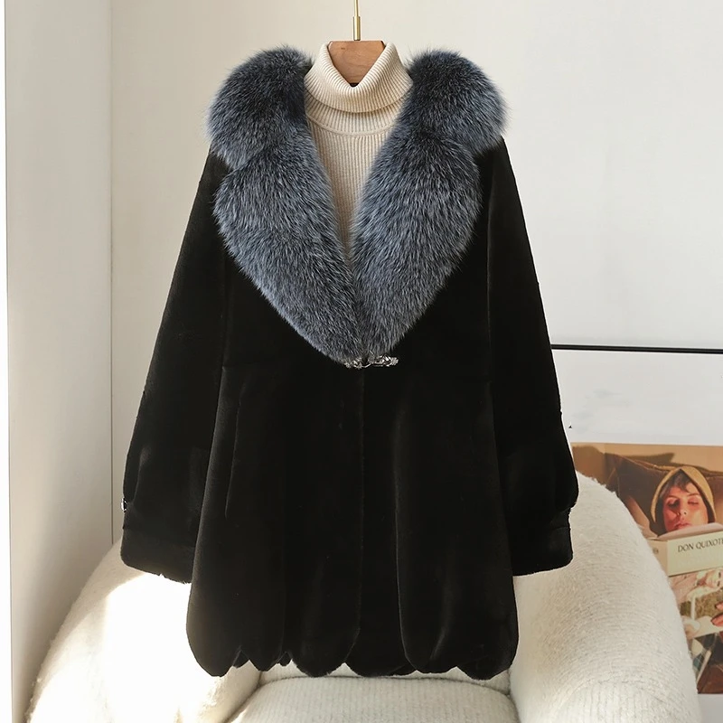 

PUDI 2024 New Middle-aged Faux Mink Fur Warm Jacket Women Imitation Mink With Real Fox Fur Collar Winter Coat CT407