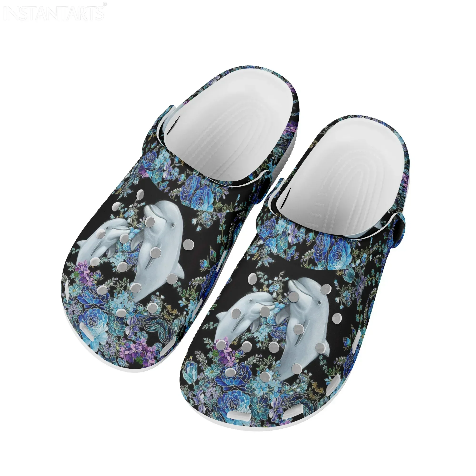 Comfortable Slip-on Hole Sandals Women's Luxury Soft Garden Shoes Bohimia Dolphin Floral Print Ladies Casual Clogs