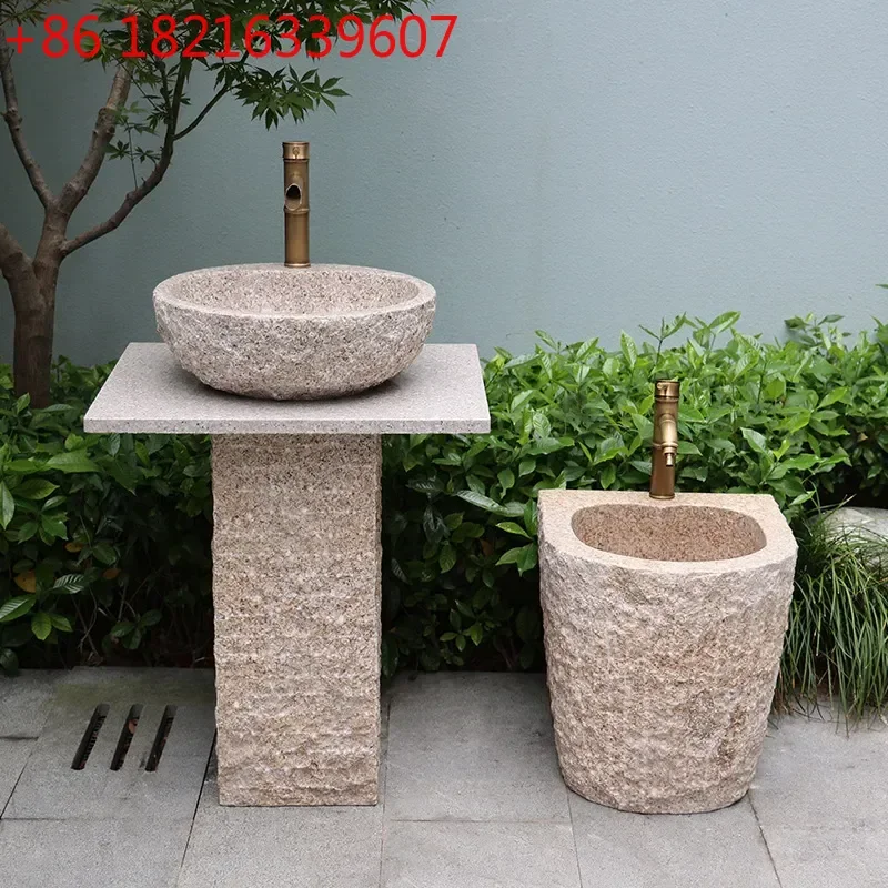 YAO Natural Stone Washbasin Courtyard Sink Floor to Ceiling Outdoor Stone Column Basin Household Garden Pedestal Lavatory