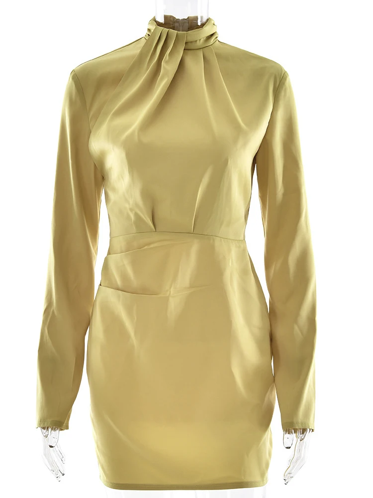 Julissa mo cetim gola alta ruched mini vestido feminino amarelo manga longa vestido de cintura alta outono magro elegante festa clube vestidos