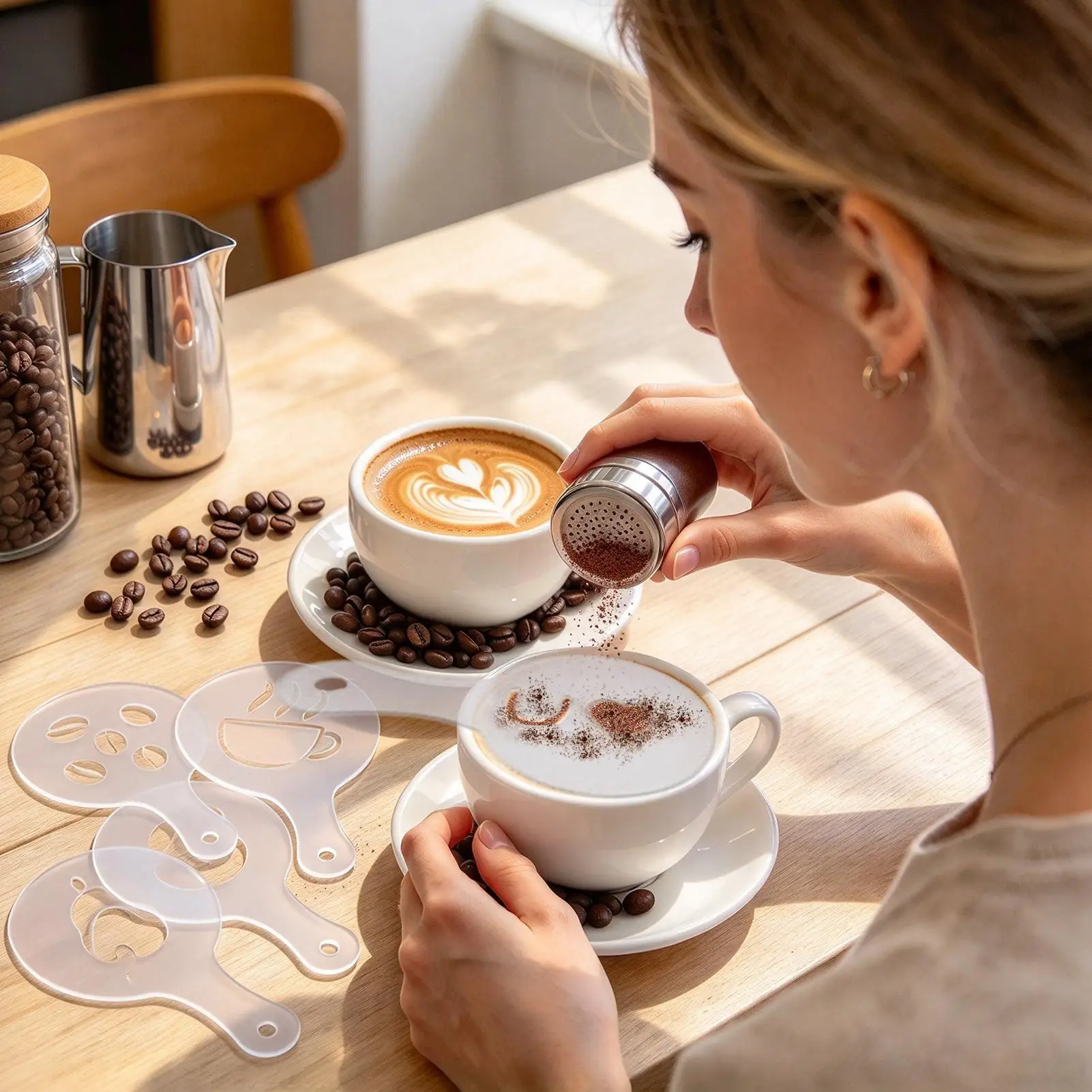 16pcs/Set ABS Chocolate Shaker Cocoa Flour Coffee Sifter 16Pcs Coffee Stencils Template Chocolate Cocoa Coffee Accessories