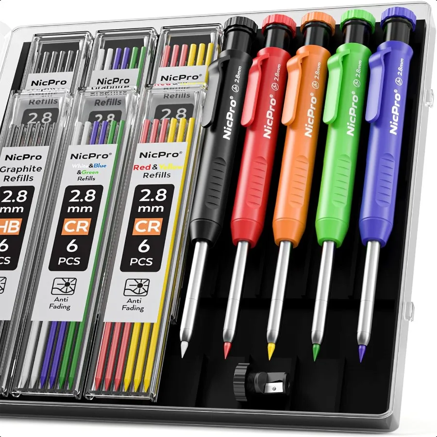 

5 Pack Carpenter Pencil with Sharpener Mechanical Pencils Set with 41 Refills Red Black Yellow White Green Blue Deep Hole Marke