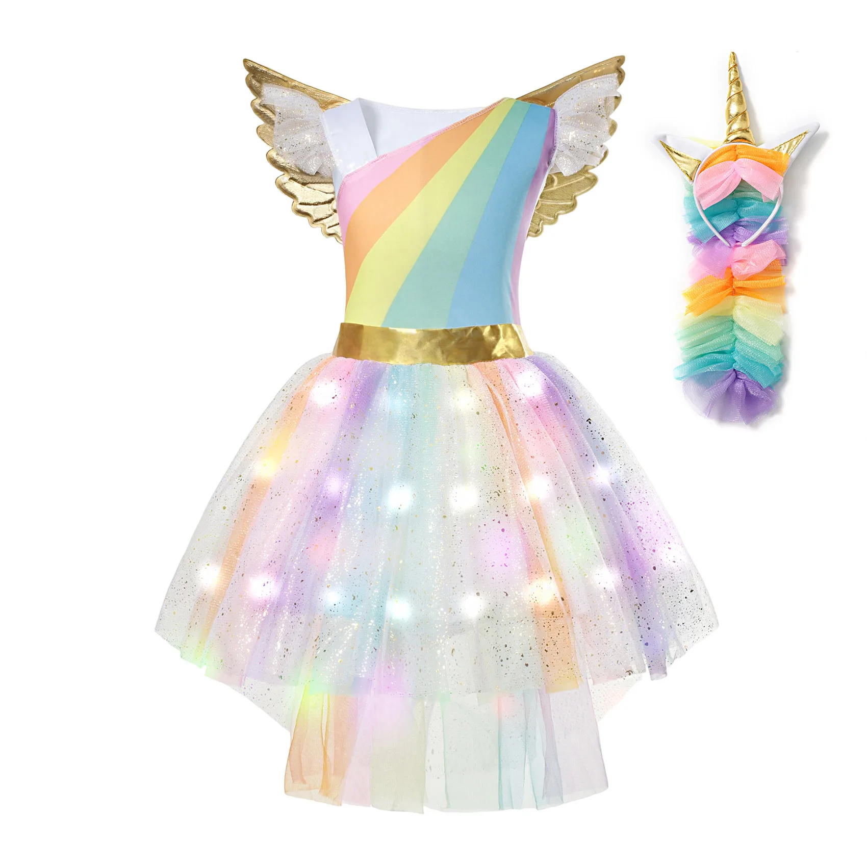 

Fancy Unicorn Dress with LED Light Girls Rainbow Unicorn Cosplay Costume Glowing Frock with Wings and Headband Carnival Vestidos