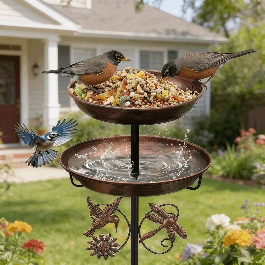 

【New Arrival】Decorative Standing Bird Feeder & Water Bowl, Outdoor Wild Bird Feeding Station