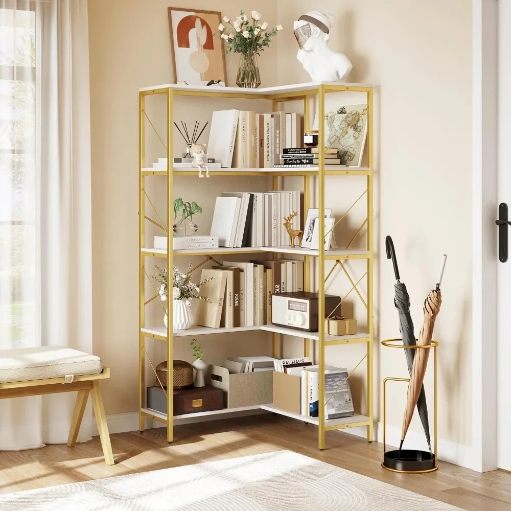 Corner Bookshelf Storage Box Large Display Rack Storage for Bedroom Assembly Shelf White& Gold Corner Shelf 5 Tier Bookcase