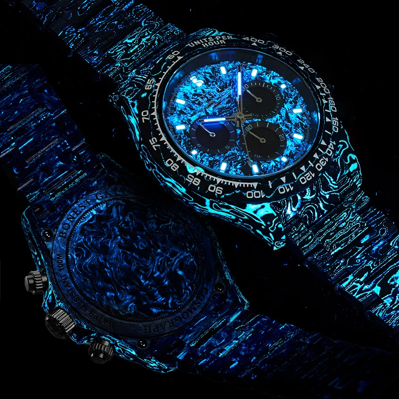 BONEST GATTI Luxury Carbon Fiber Automatic Mechanical Watch for Men Waterproof Sports Chronograph Wristwatch with Butterfly Buck