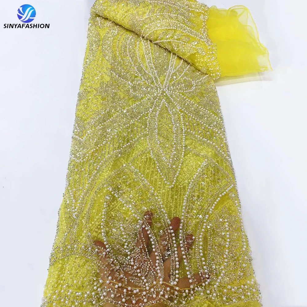 

Sinya Latest Gorgeous Yellow African Heavy Handmade Beaded Lace Fabric Luxury Nigeria Sequins Tulle Mesh French Lace For Wedding