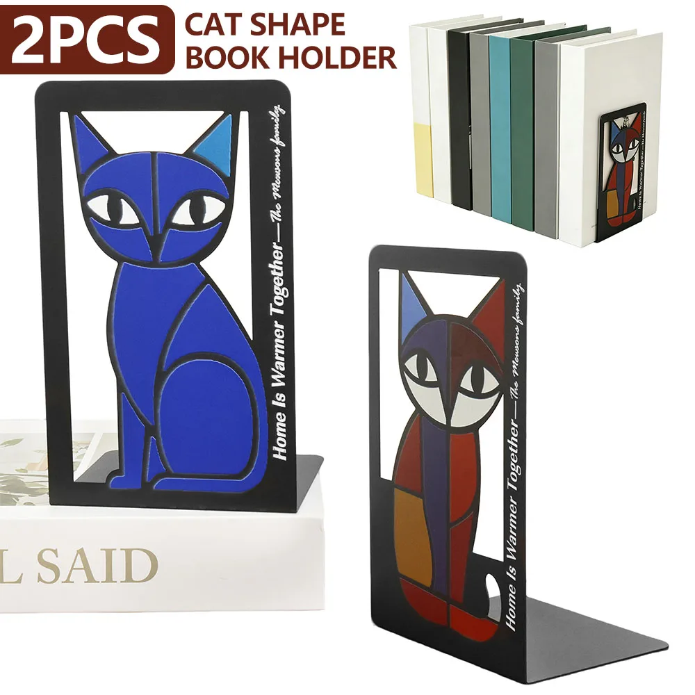 

2Pcs Cat Shape Book Holder Metal Bookshelf Decorative Desktop Bookend Book Organizer Office Supplies for Home School Bookstore