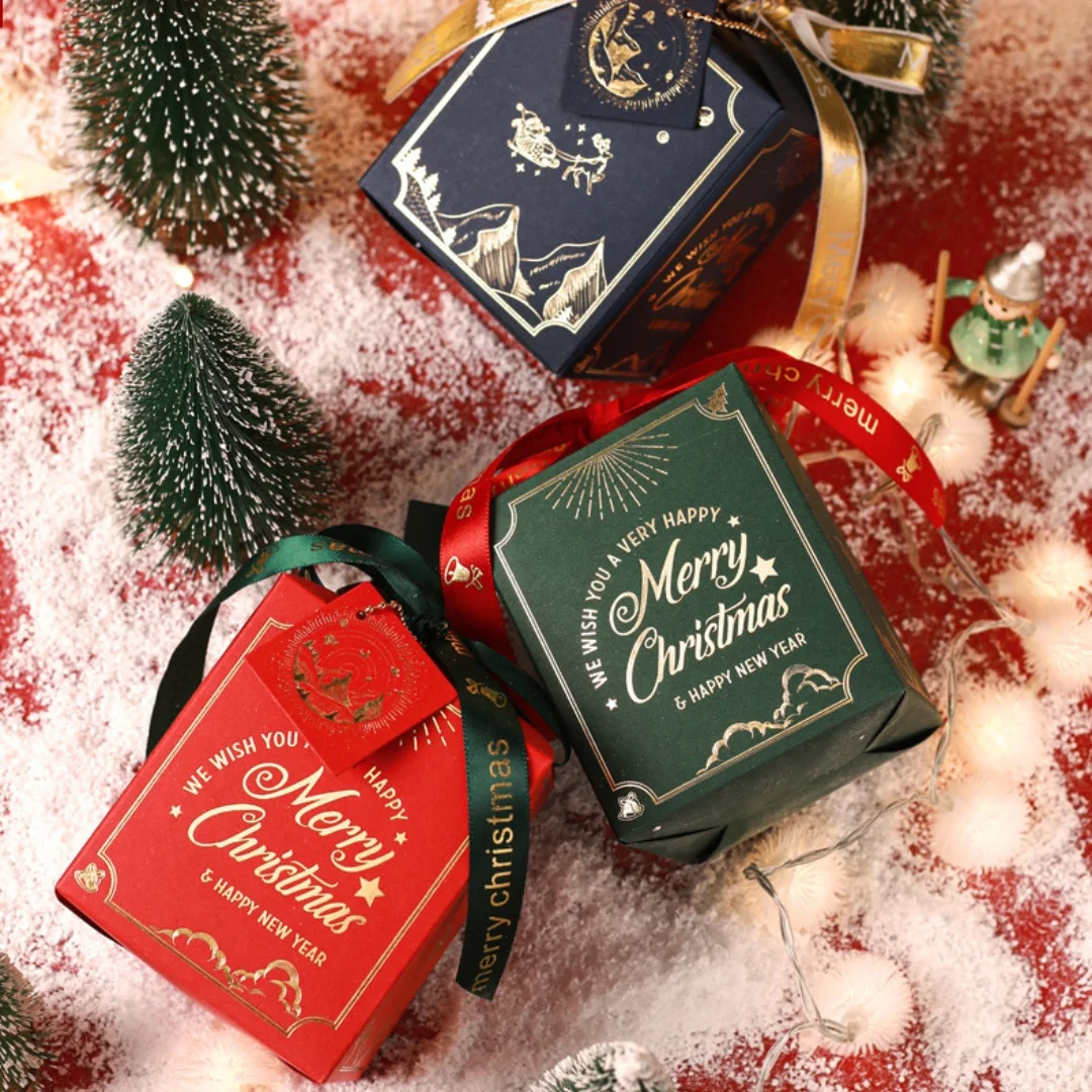 Kerst Appeldoos Kerstavond Geschenkverpakking Rood Groen Blauw Prachtige Hot-stamping Lint Geschenkdoos voor Kerstfeest