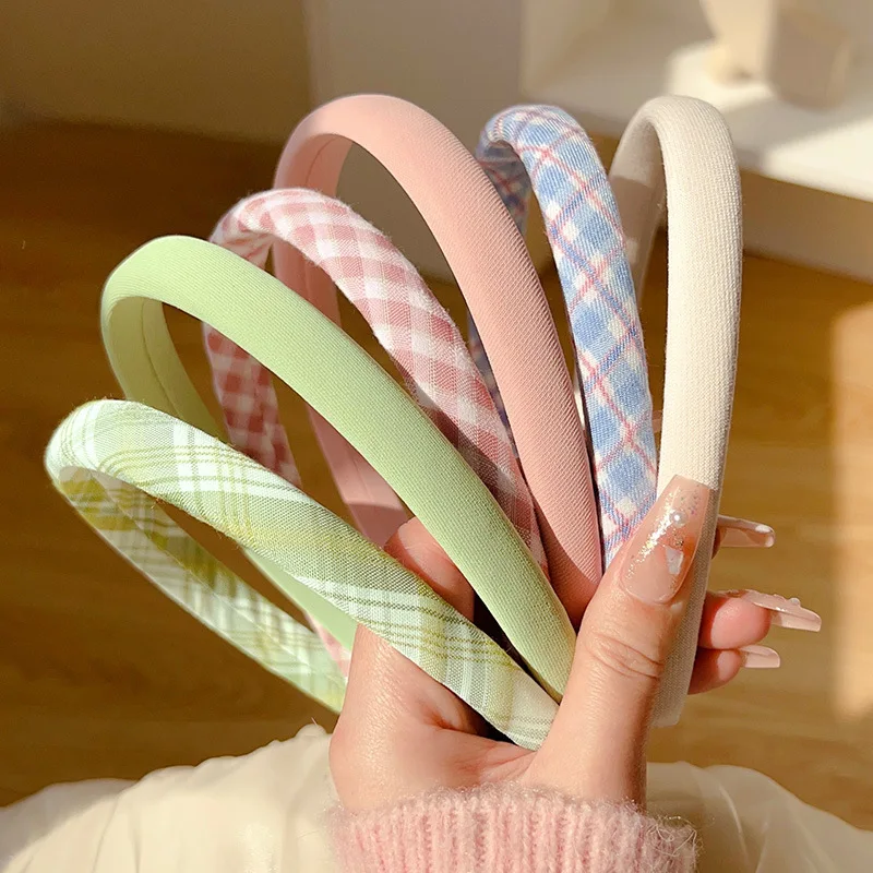 Candy Color Plaid Thin Headbands for Women Girls Pretty Sponge Hairband Hair Accessories Versatile Pressed Headband Accessory