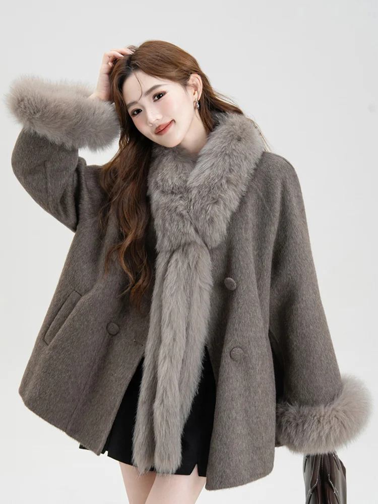 Damski płaszcz z kaszmirem i wełną na zimę 2025, luksusowy, gruby, z naturalnym kołnierzem z futra lisa, szalikiem, elegancki, codzienny płaszcz wierzchni.