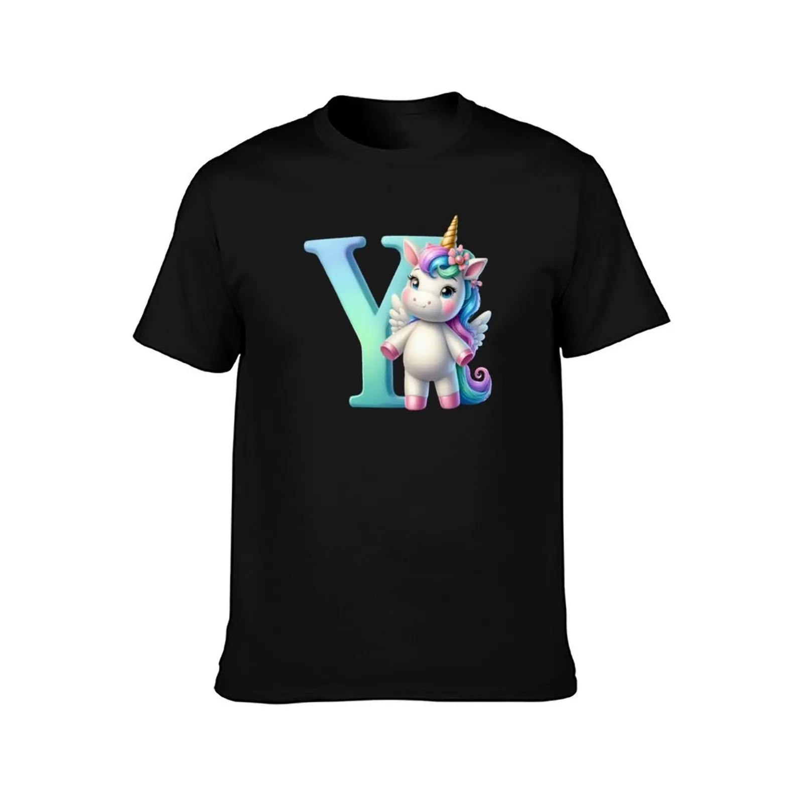 Unicorn kawaii alphabet monogram letter Y T-Shirt, Summer Casual Cotton Tee, Oversized Streetwear Tops, Vintage Graphic Print