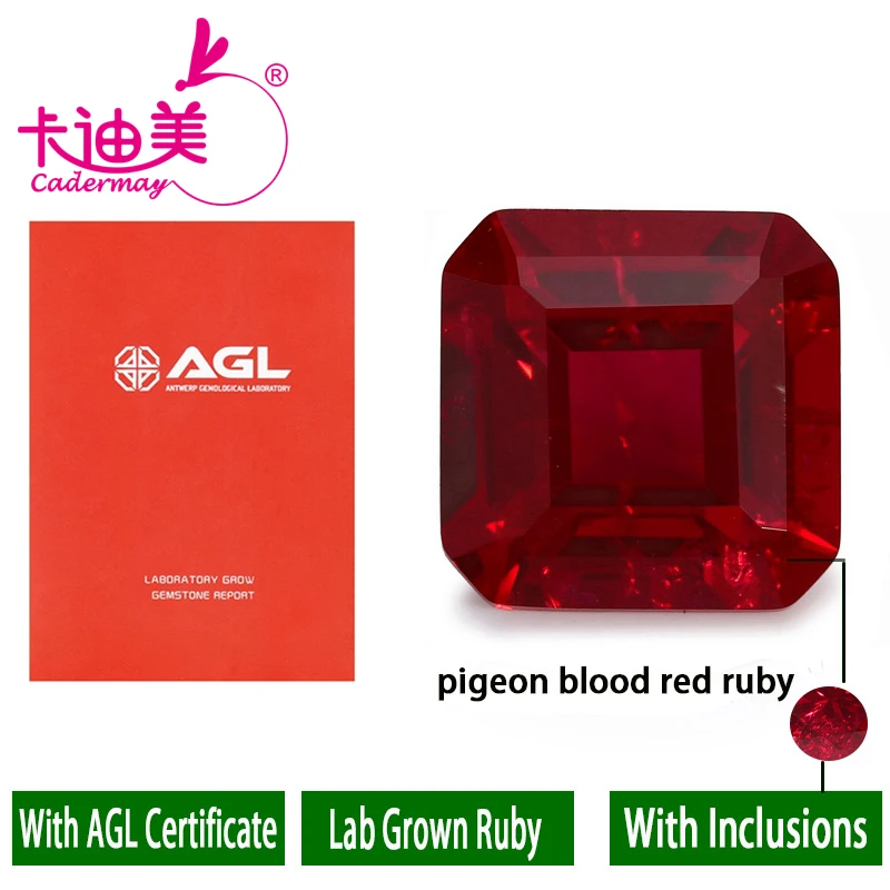CADERMAY Asscher Cut Lab Grown Pigeon Blood Red Ruby Loose Stones With Inclusion AGL For Inlaid Customized Smart Jewelry