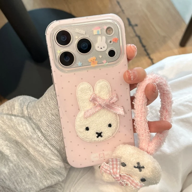 Kawaii Cute Cartoon fluffy Miffy Pink Polka Dots phone Case For iPhone 13 14 15 16 17 Pro Max Lovely Bow Miffy Furry Wrist Strap