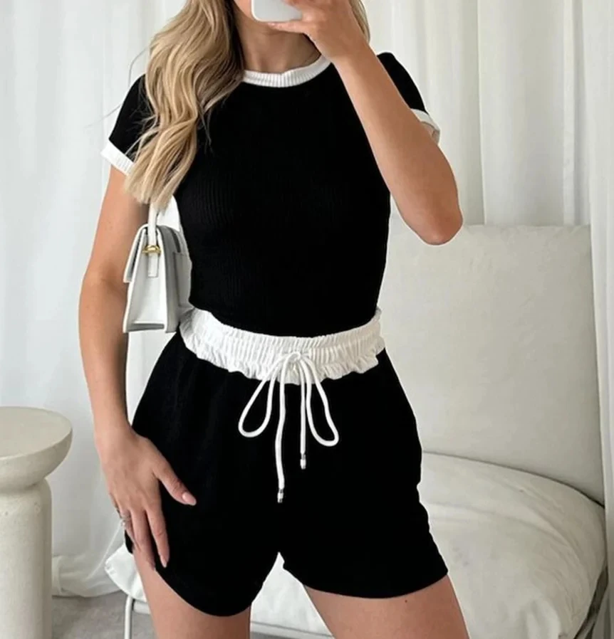 

Women's Elegant Short Sleeve T-Shirt & Lace Up Shorts Set Female Daily Clothing New Style Women Casual Fashion Pants Outfits