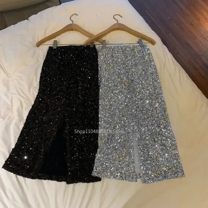 Sequins Midi Skirts Women Graceful Office Lady Slit Design Basic Sexy Chic European Style High Waist Autumn Straight Faldas