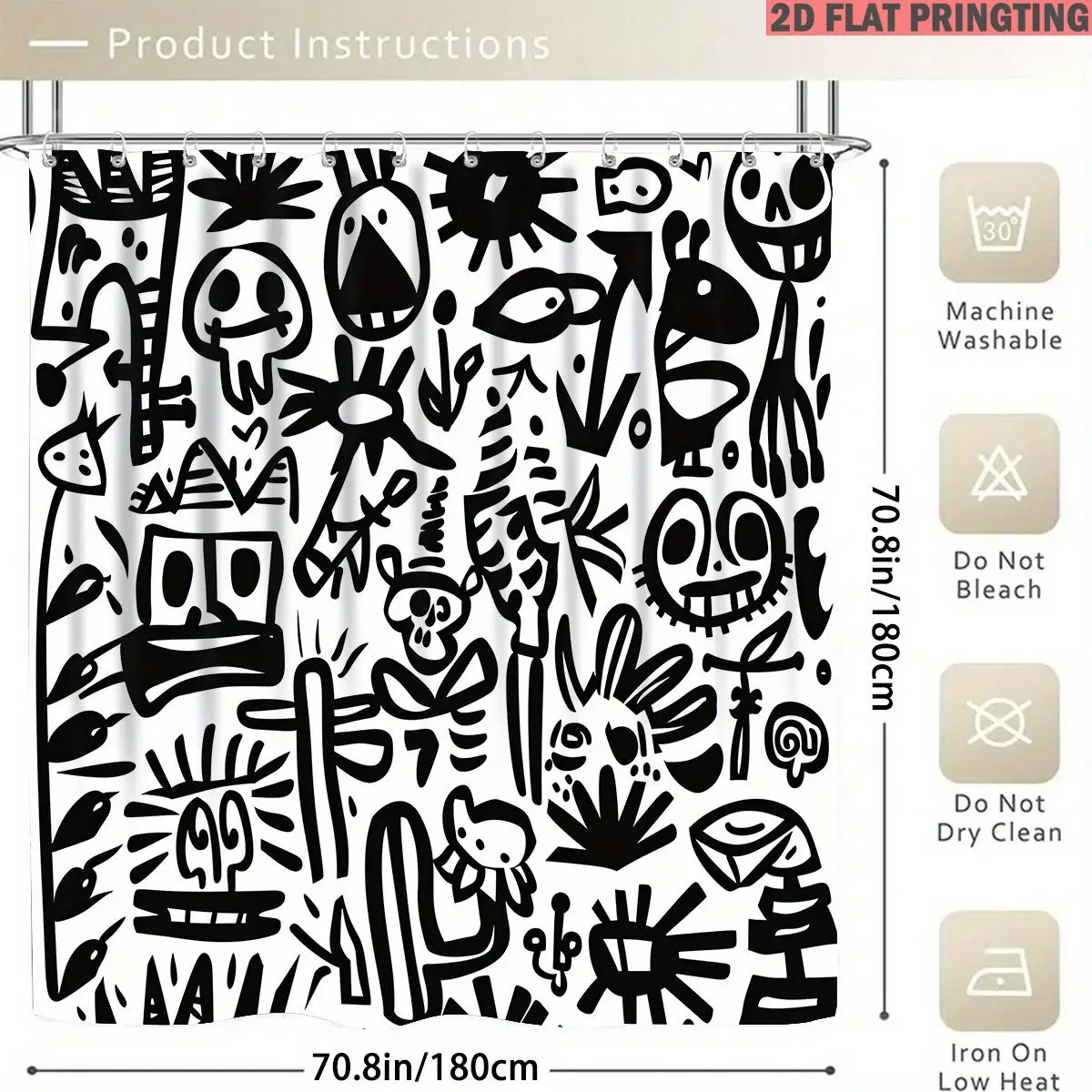 1pc/4pcs Shower Curtain and Bath Mat Set with Print Pattern Abstract Black and White Doodle Art Pattern Non-Slip Bathroom Decor
