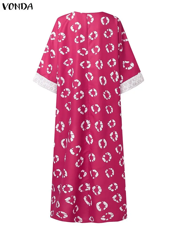 Plus size 5xl vonda boêmio impressão vintage maxi robe feminino vestidos longos com decote em v 3/4 manga rendas retalhos vestidos de festa casuais