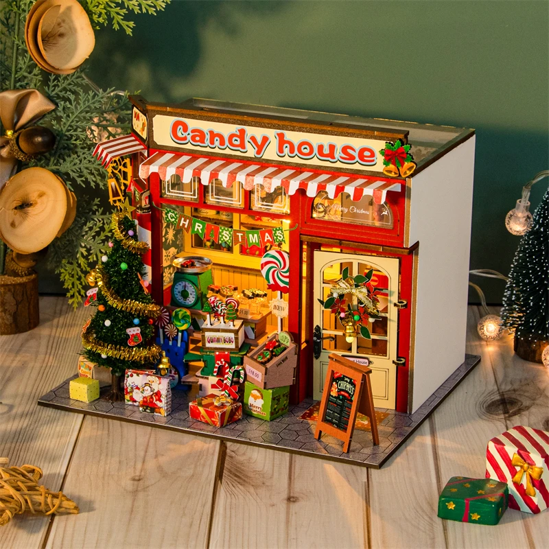 

DIY Рождественский конфетный домик, деревянная миниатюрная модель, комплект 3D головоломки, сахарные кукольные домики с мебелью, кукольный домик для друзей, подарки