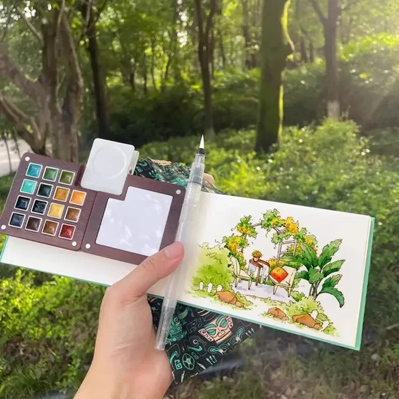 Portable Watercolor Paint Set Walnut Paint Box With Palette 8/15 Colors Travel Mini Watercolor Art School Supplies