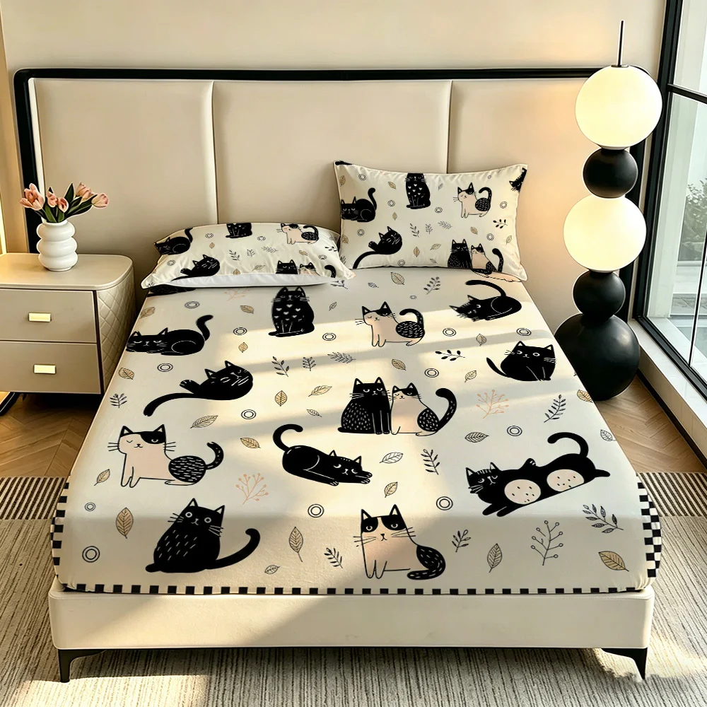 Cute Black Cat Fitted Sheet 3PCS Set Cartoon Cat Pattern Bedding Set 1 Fitted Sheet + 2 Pillowcases for Kids Bedroom view 4