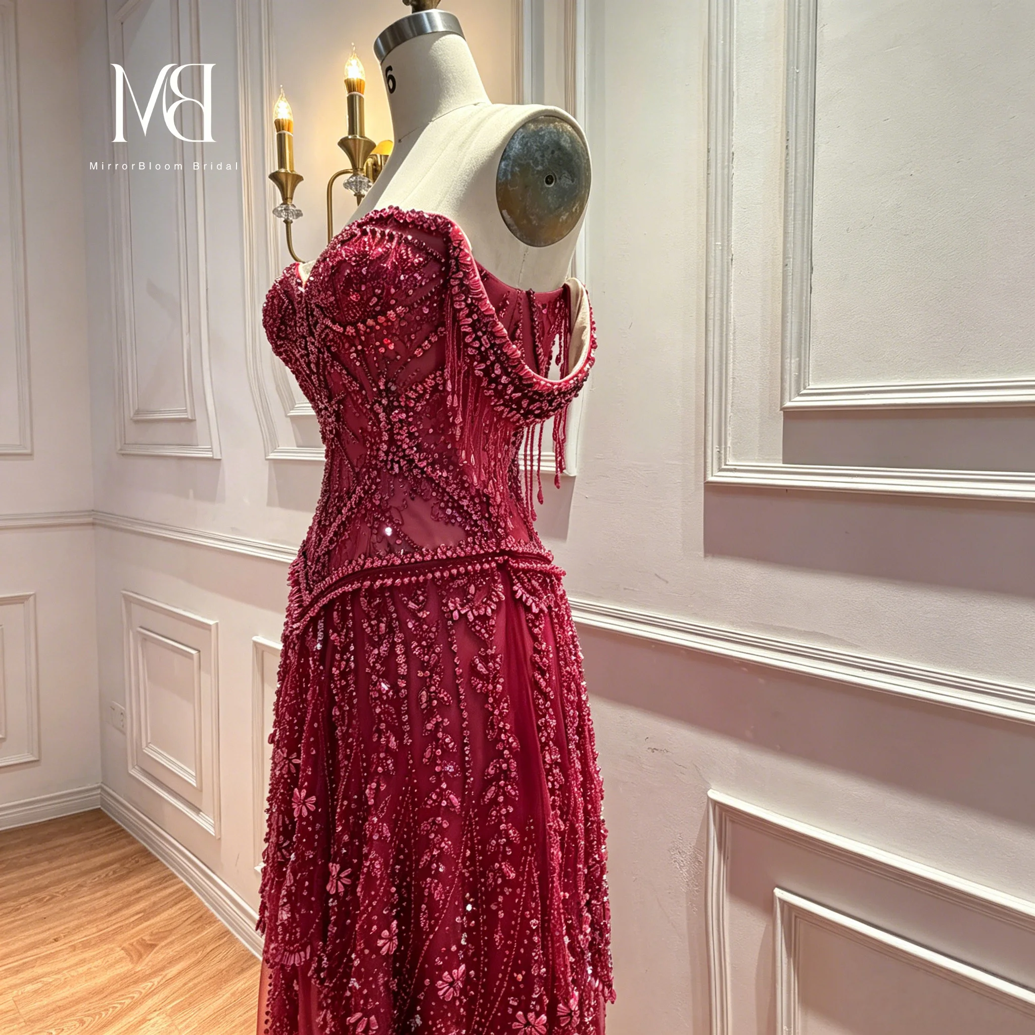 Red Off-the-Shoulder Strapless Sleeveless Floor-Length Formal Ball Gown Beadwork Embroidery Glowing Women's  Occasion Dress image 3