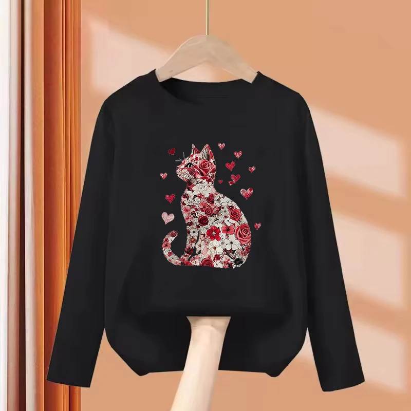 kawaii Long Sleeve Funny T Shirts Love Heart with Cat Kids Children's T-shirt for Boys Girls Summer Spring Casual Top Tee