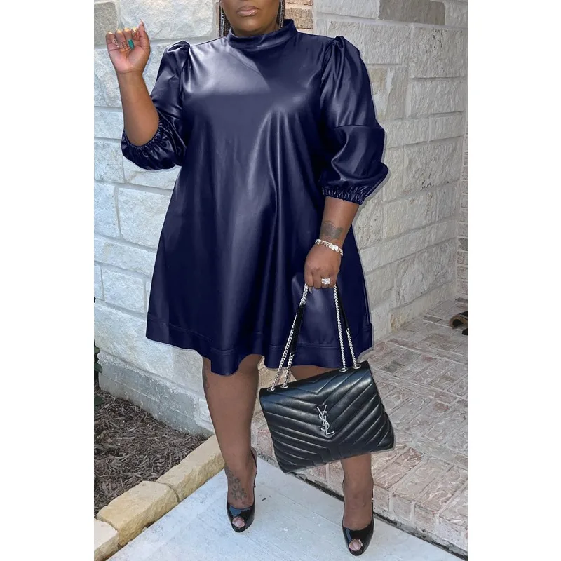 Wsfec XL-5XL 2023 Summer New Fashion African Clothing Plus Size for Women Short Sleeve PU Trend Casual Midi Dress Dropshipping