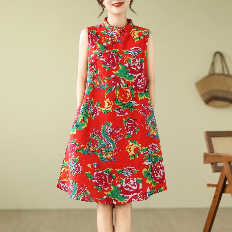 Été chinois Sle grande fleur imprimé Dr femmes Svel a-ligne jupe robe coton lin tissu col montant t-shirt boutons