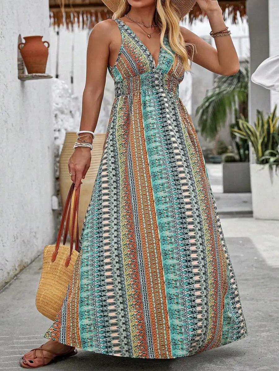 

Sleeveless V-Neck Plus Size Maxi Dress With Vertical Bohemian Ethnic Print, Smocked Bodice, And Flowy A-Line Silhouette