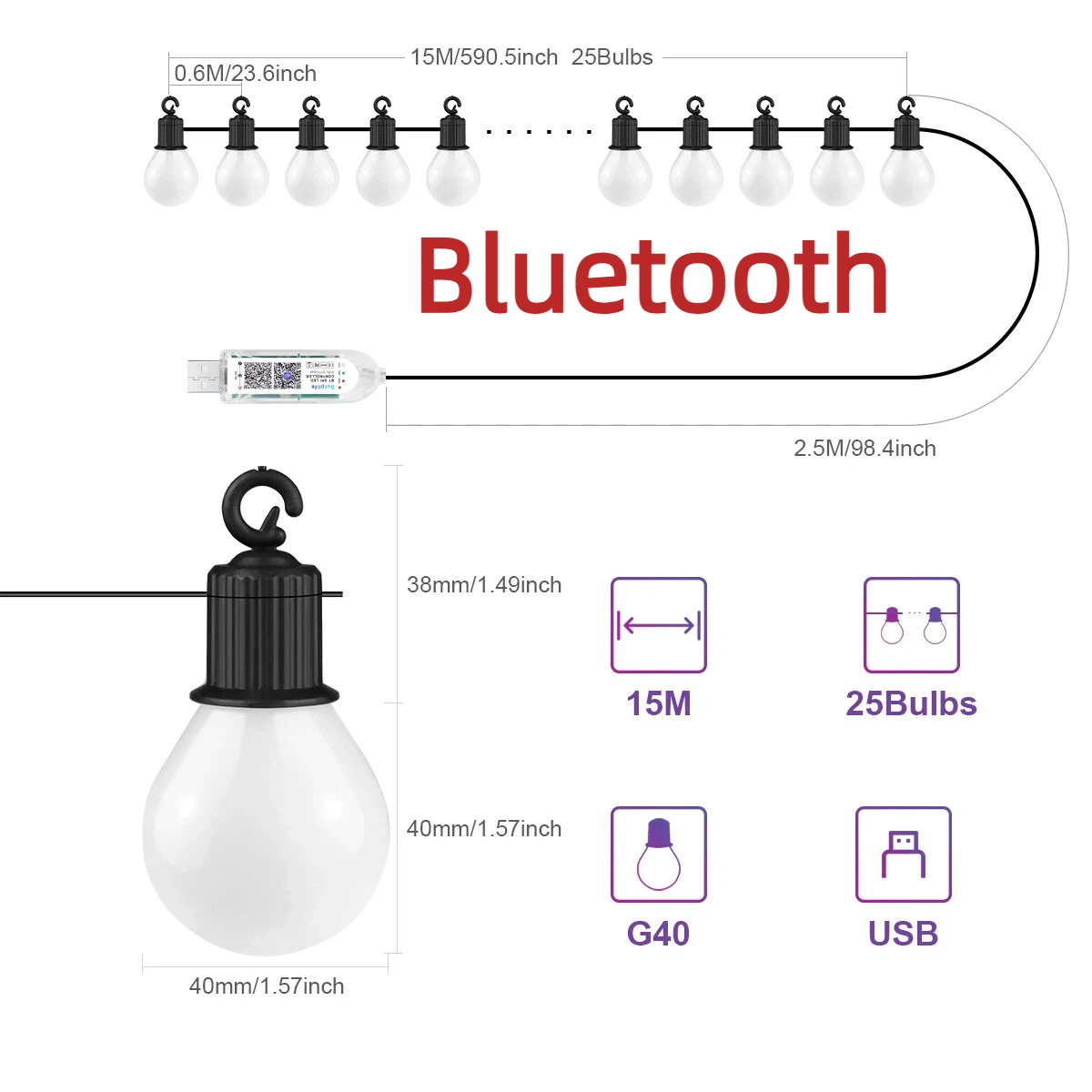 Outdoor waterdichte LED-lichtslinger USB 15M 25 lampen Kerstverlichting Bluetooth LED-slingerlamp Kamer Tuin Camping Kerstdecoratie