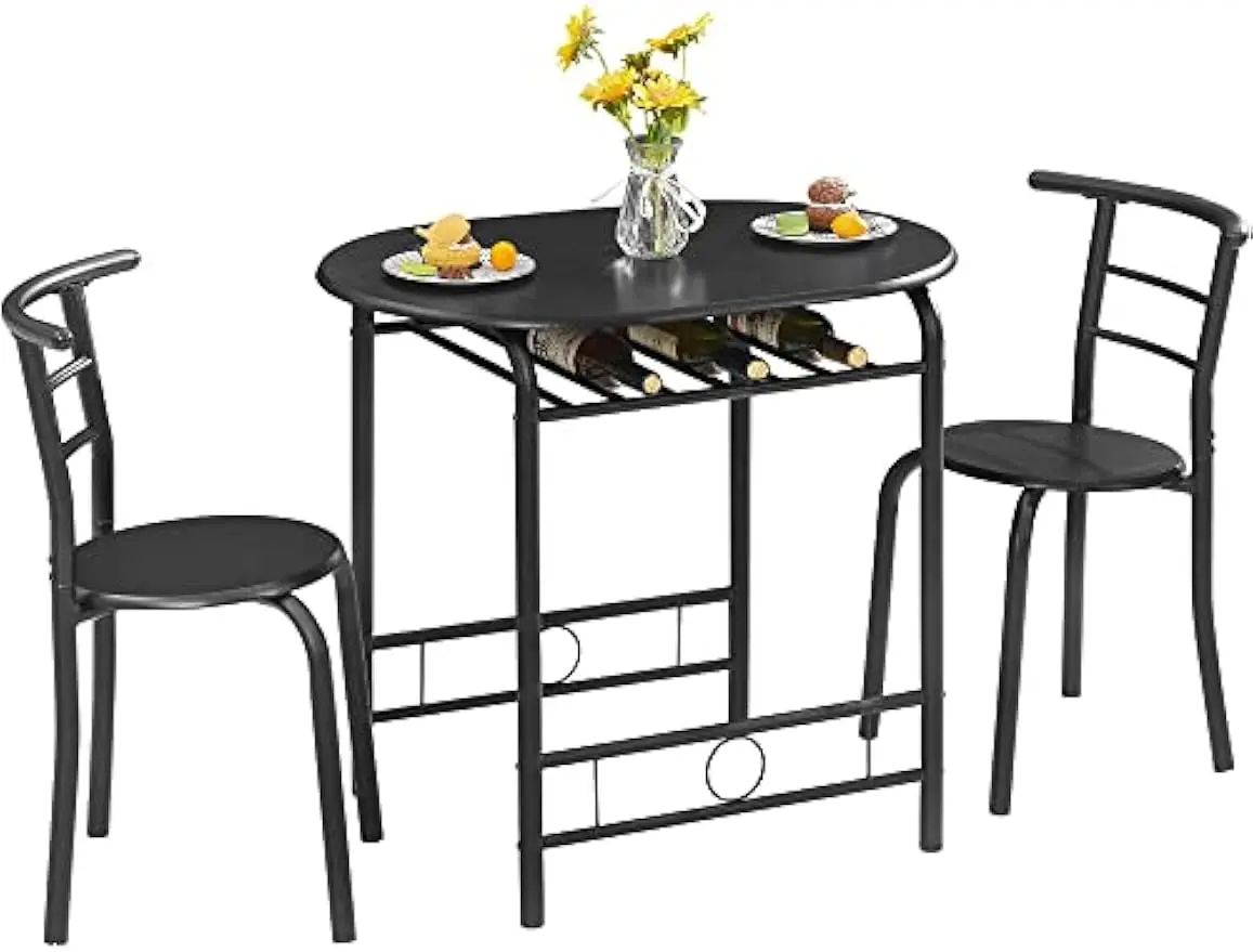 3 Piece Small Round Dining Table Set for Kitchen Breakfast Nook, Wood Grain Tabletop with Wine Storage Rack, Save Space