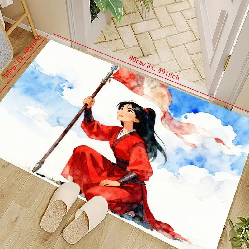 

1 шт. напольный коврик в стиле аниме-воина для девочек, героиня в стиле Мулан с копьем и флагом, коврик с акварельным художественным принтом, мягкая нескользящая фланелевая прихожая