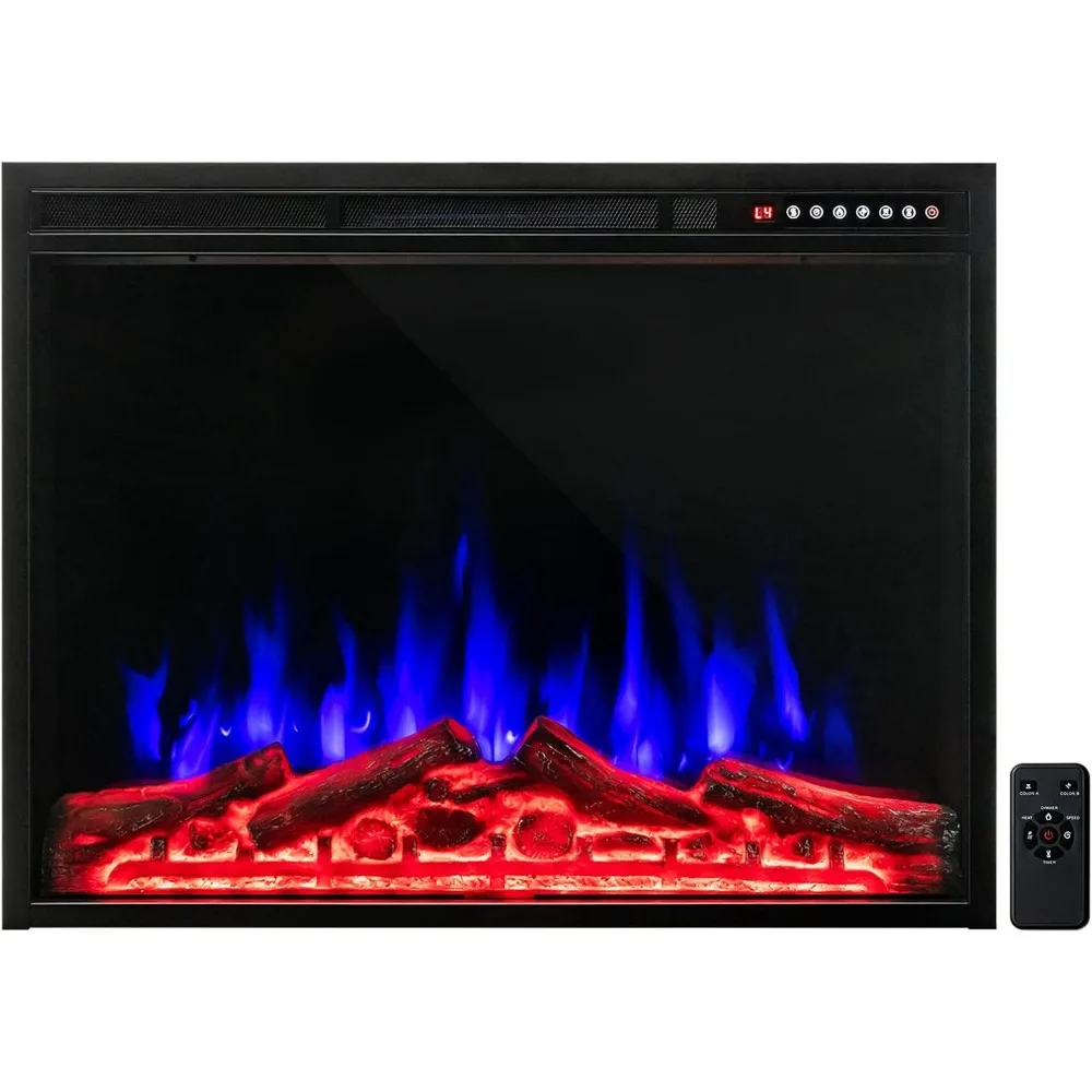 34 inch Electric Fireplace with 4 Flame and Log Colors, 5-Level Flame Speed and Brightness, Remote Control, 8H Timer, 1500W