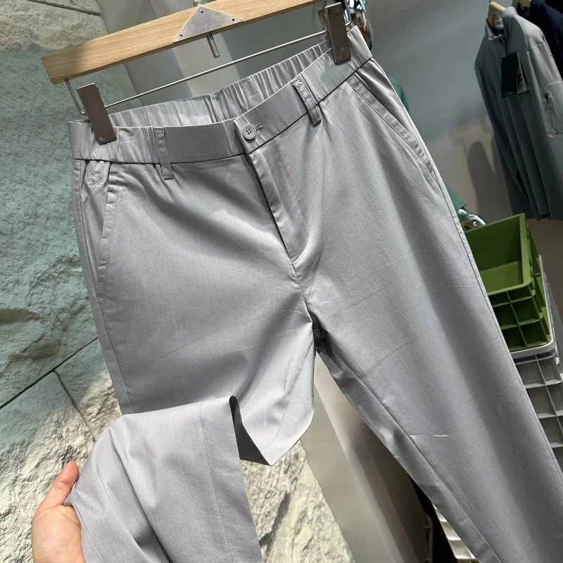 

Мужские повседневные брюки с высокой талией и прямыми штанинами, из смесового хлопка, эластичные, модные, удобные, для весны и лета, мужская одежда