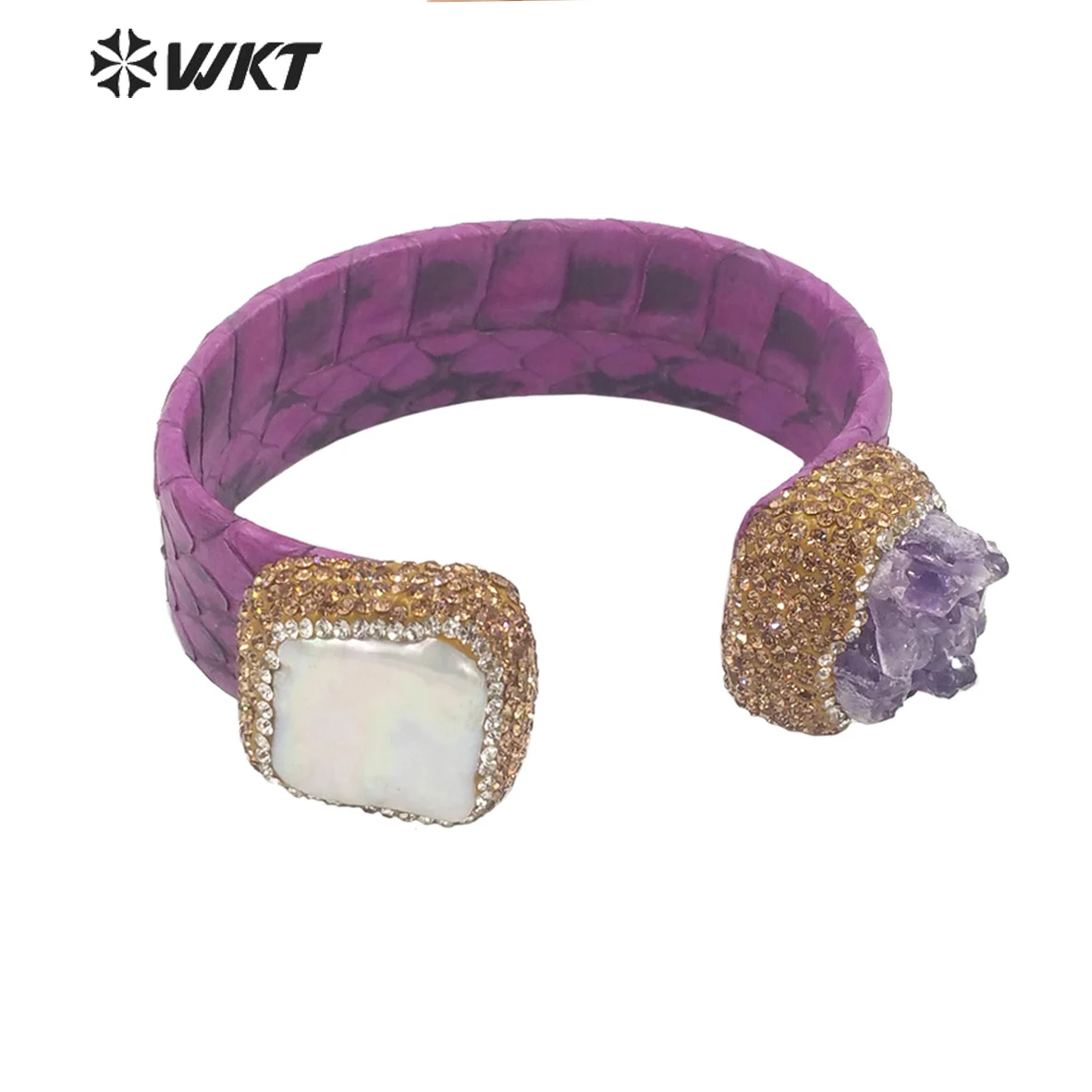 

WT-B623 Gorgeous Bohemian Genuine Leather Pearl Amethyst Bangle With Rhinestone Handmake Dubai Diamond Stone Jewelry