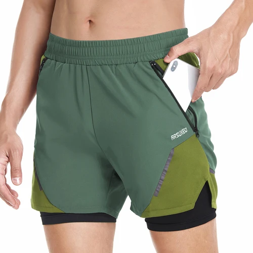 ARSUXEO-pantalones cortos deportivos 2 en 1 para hombre, pantalones cortos para correr, secado rápido, gimnasio, entrenamiento, bolsillo con cremallera, pantalones de entrenamiento, ropa deportiva para correr al aire libre