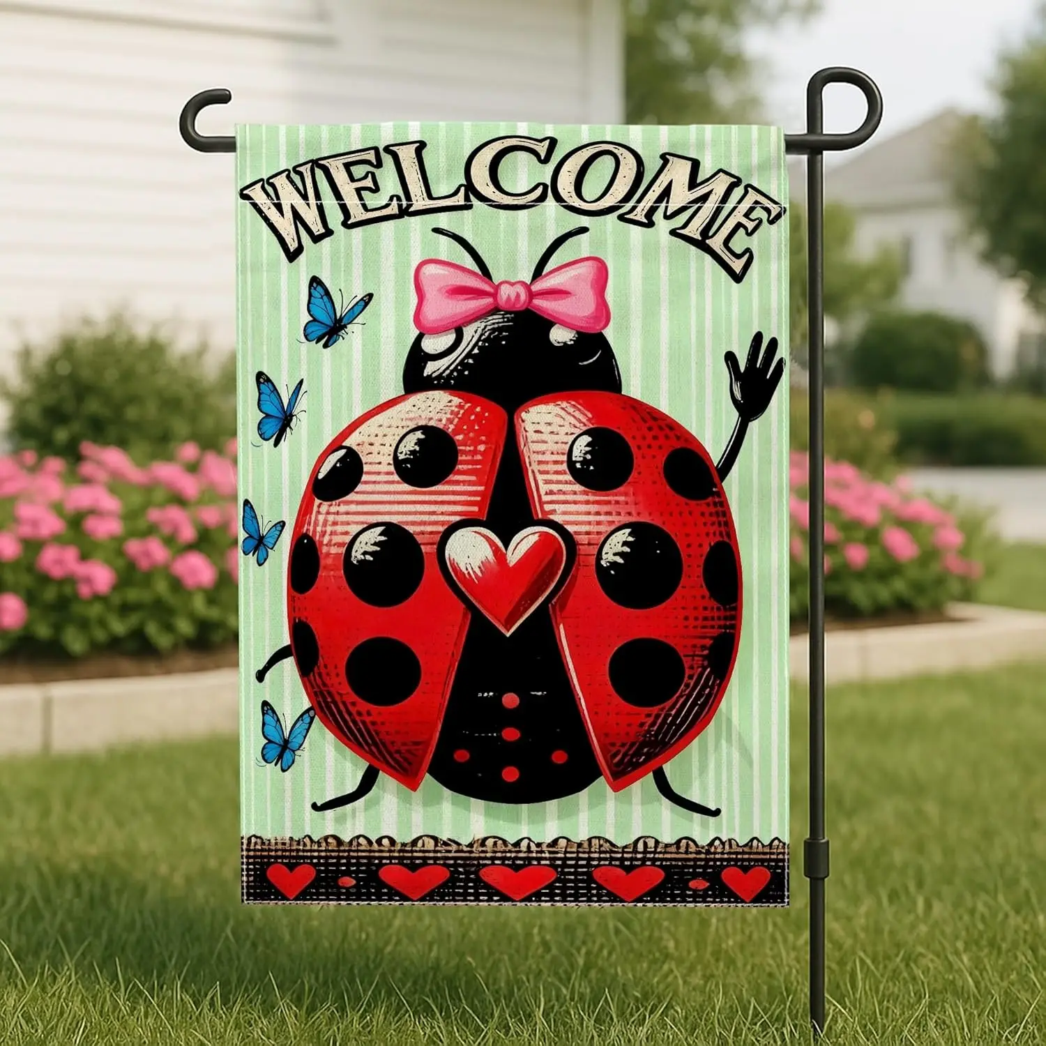 Ladybug Garden Flag, Spring Playful Butterfly Heart Spring Red Double Sided Burlap Yard Decorative Flags for Outdoor Patio L AAS
