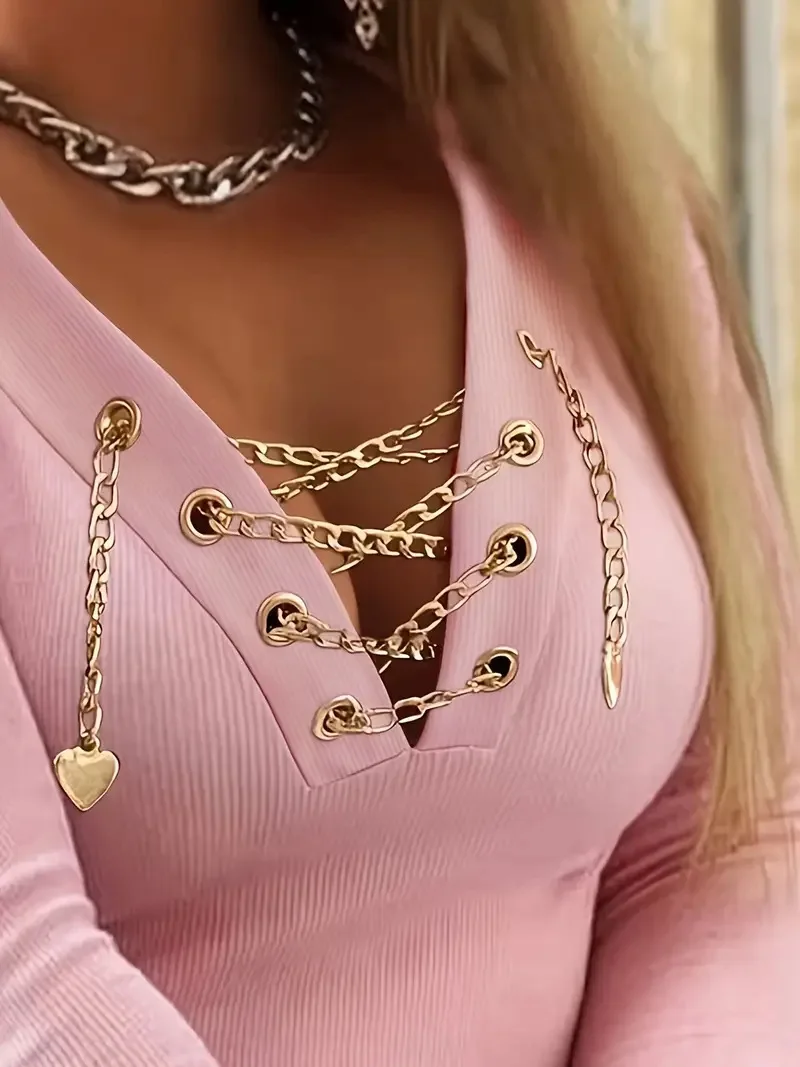 Damen-Oberteile, V-Ausschnitt, lange Ärmel, Goldkette, figurbetont, Stretch-Bluse für Frauen, sexy Freizeitkleidung, Y2K-Mode, enge Passform – Detail 10