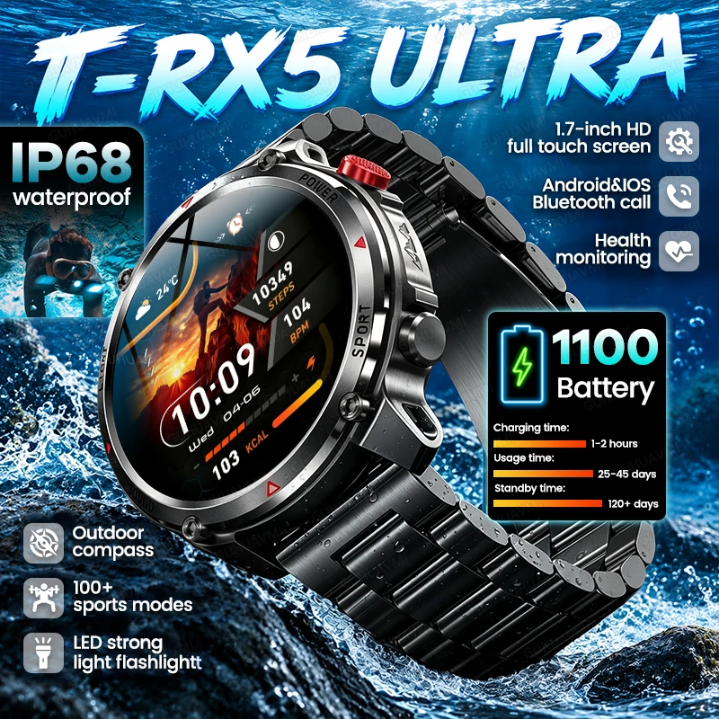 New T-RX5 Ultra Men Outdoor Smart Watch 1100mAh Big Battery IP68 Waterproof Flashlight Compass BT Call Adult Sports Smartwatches
