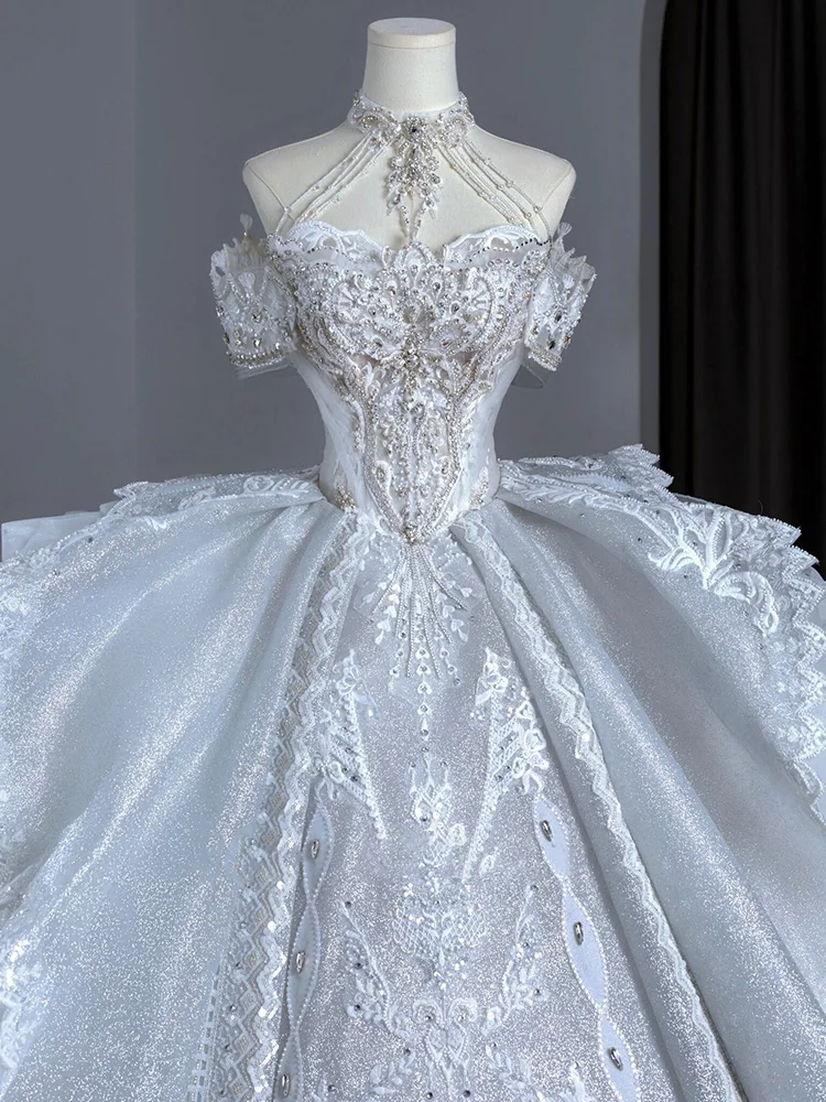 Princess French Wedding Dress New Bride Heavy Industry Luxury Big Tail Hanging Neck Main Dress Long Sleeved Female