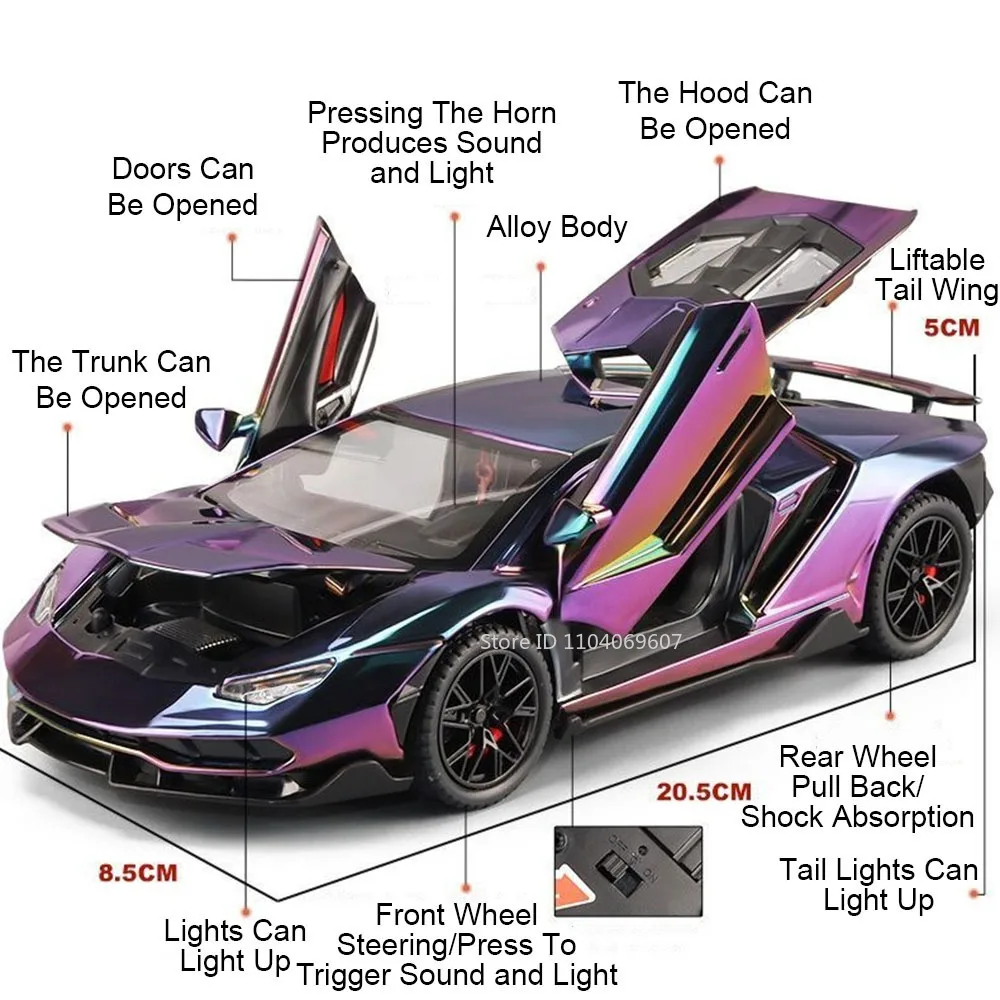 1:24 LP770-4 Revuelto Supercar Toy Models Alloy Diecast Miniature Sports Cars Sound Light Doors Opened Pull Back for Boys Gifts