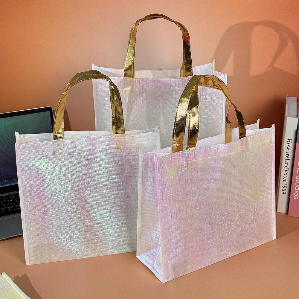 

10 Pcs Matte Iridescent Non-Woven Tote Bags with Metallic Handles - Ideal for Boutiques & Gift Packaging