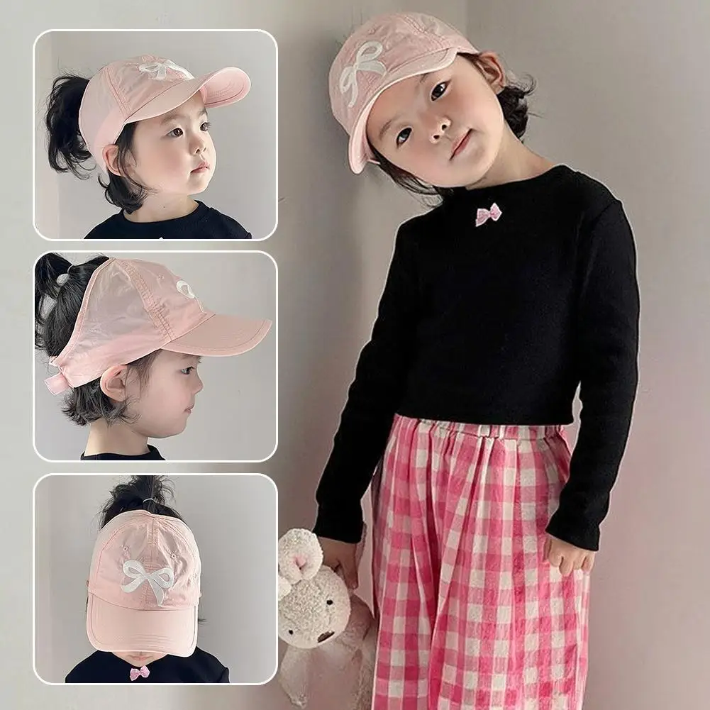 

Kids Ponytail Empty Top Duckbill Hats Summer Sun Hat Children Embroidery Bow Baseball Cap Quick Drying Sunscreen Visors