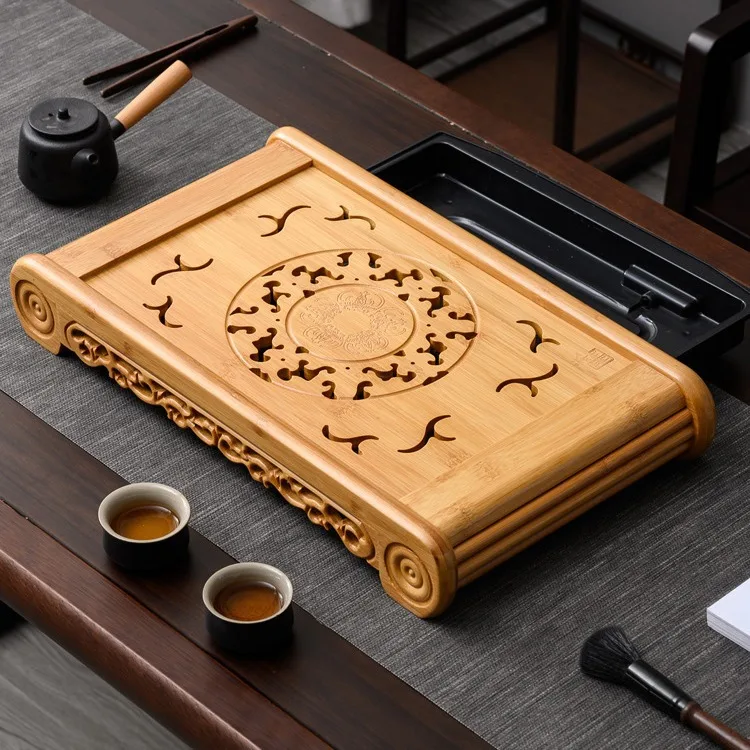 

Бамбуковый резной поднос для чая, бытовой чайный столик для хранения воды, сухое заваривание, маленький китайский чайный сервиз кунг-фу, аксессуары