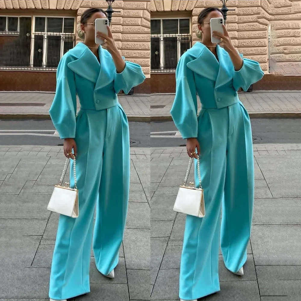 

2025 Autumn Women Casual Blazer Coat Pants Set Long Sleeve Double Breasted Blazer + Wide Leg Trousers Lady Office Outfits
